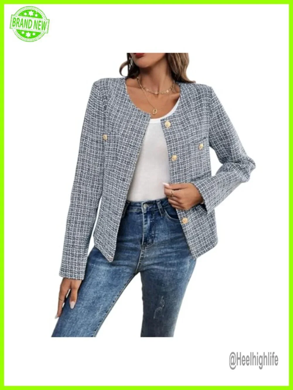 Womens Tweed Blazer Long Sleeve Round Neck Business Casual Coat